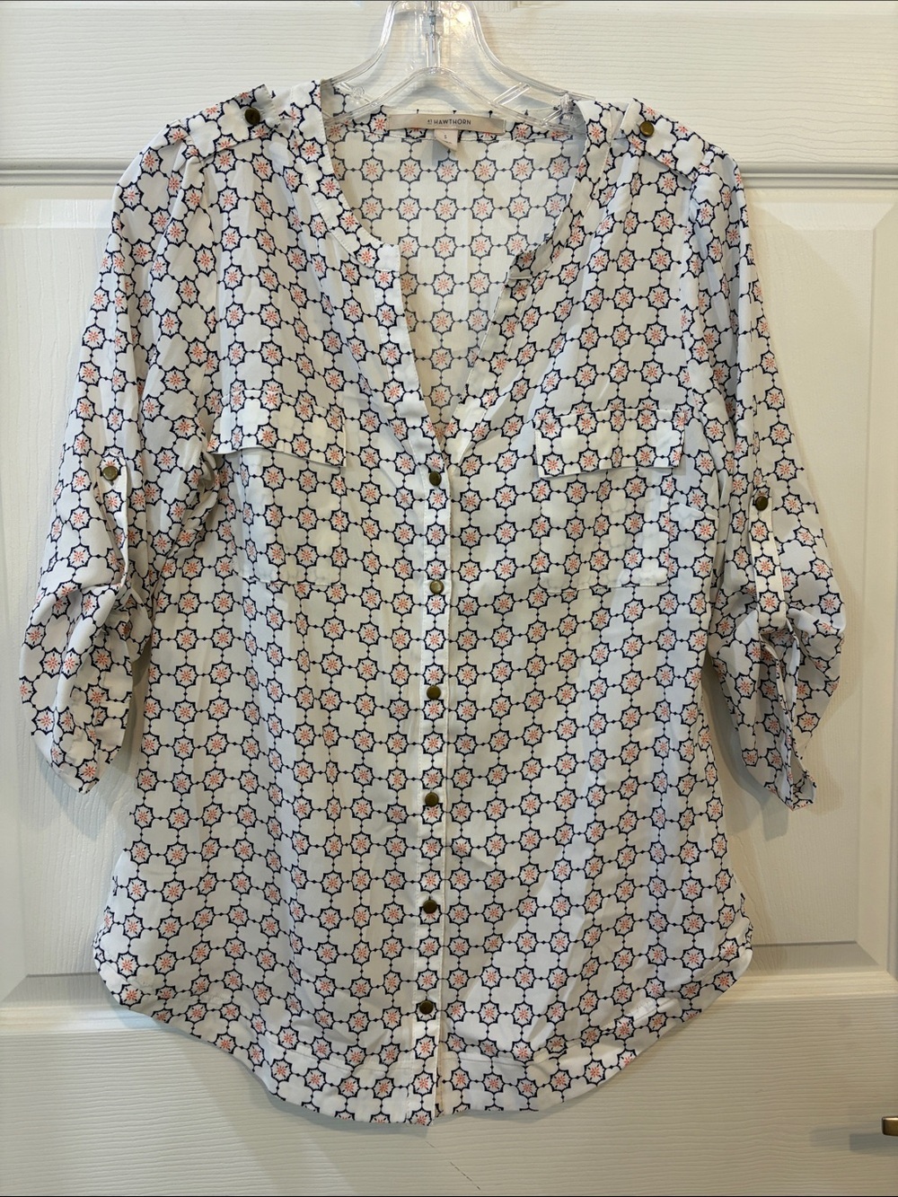 41 Hawthorn White Button-Down Blouse with Orange & Navy Geometric Print